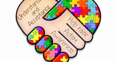 A graphic of two hands shaking, one with colorful puzzle pieces and the other plain, with the text "Understanding and Acceptance" and "Help raise Autism Awareness."