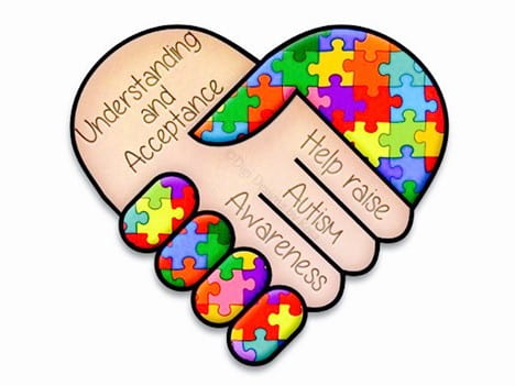 A graphic of two hands shaking, one with colorful puzzle pieces and the other plain, with the text "Understanding and Acceptance" and "Help raise Autism Awareness."