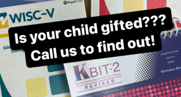 This is a picture of various IQ tests, such as the WPPSI-IV, KBIT-2, RIAS-2, and WISC-V, with text that says "Is your child gifted??? Call us to find out!!"