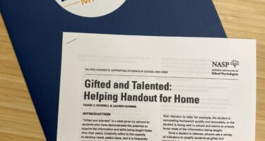 A blue folder with the logo of Measuring Minds on it, next to a document titled "Gifted and Talented: Helping Handout for Home" from the National Association of School Psychologists.